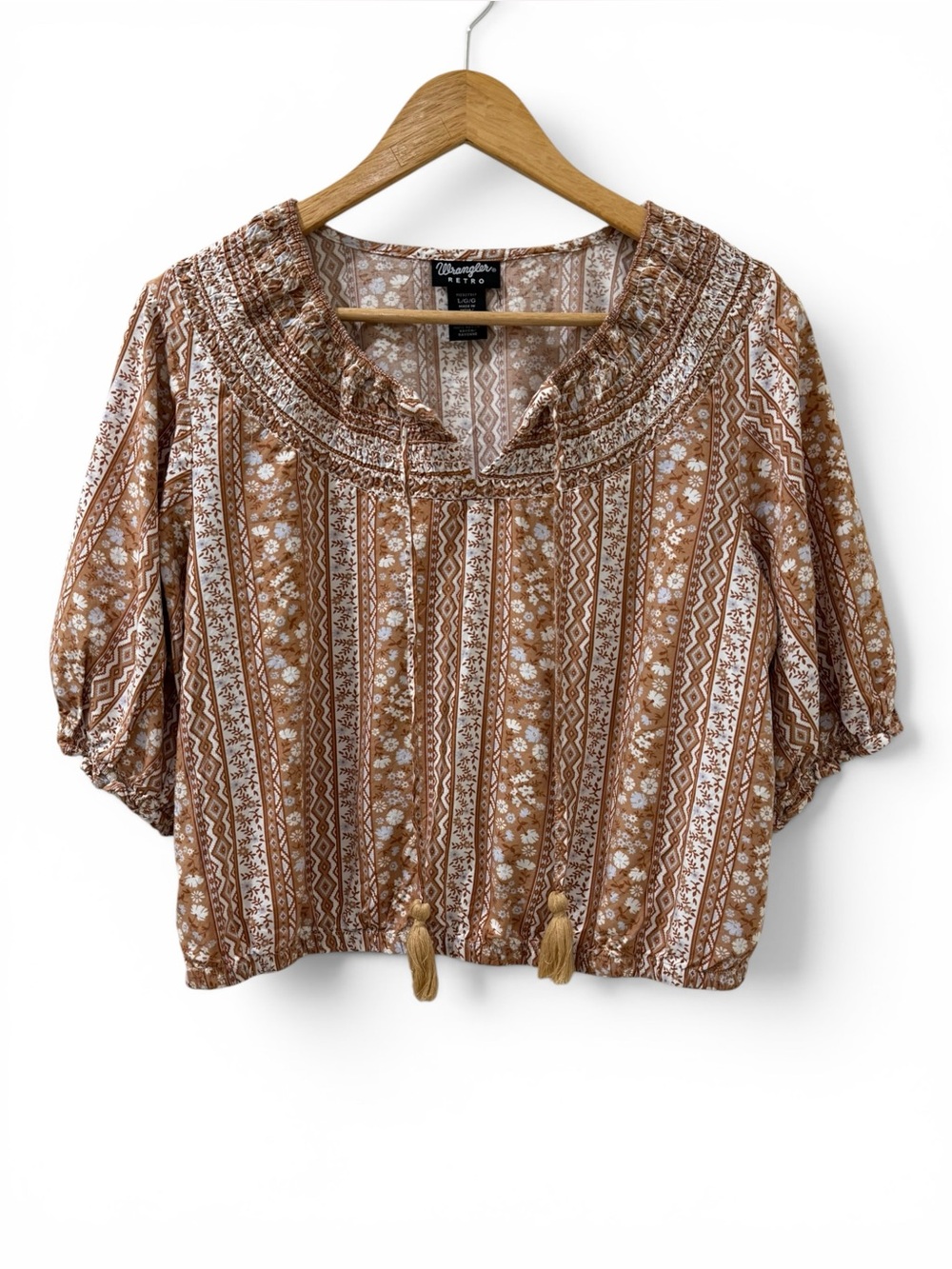 Wrangler Retro Floral Stripe Crop Top Peasant Rayon Boho Western Blouse Large - Picture 2 of 9